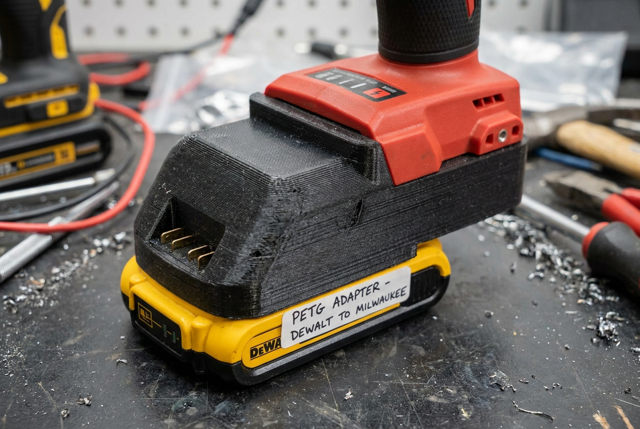 Adaptador de batería impreso en 3D conectando una batería DeWalt a una herramienta Milwaukee Adaptador de batería impreso en 3D conectando una batería DeWalt a una herramienta Milwaukee
