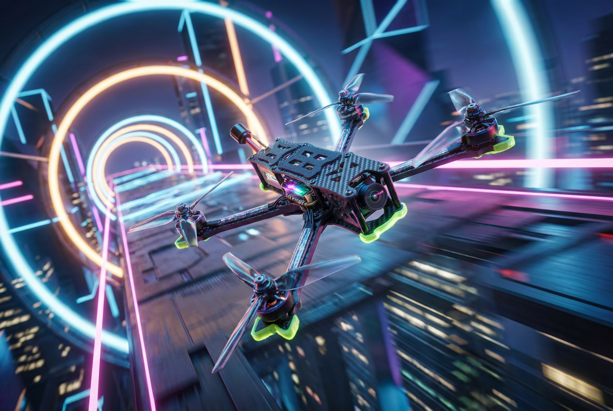 Dron de carreras FPV volando a alta velocidad a través de un circuito de obstáculos futurista. Dron de carreras FPV volando a alta velocidad a través de un circuito de obstáculos futurista.