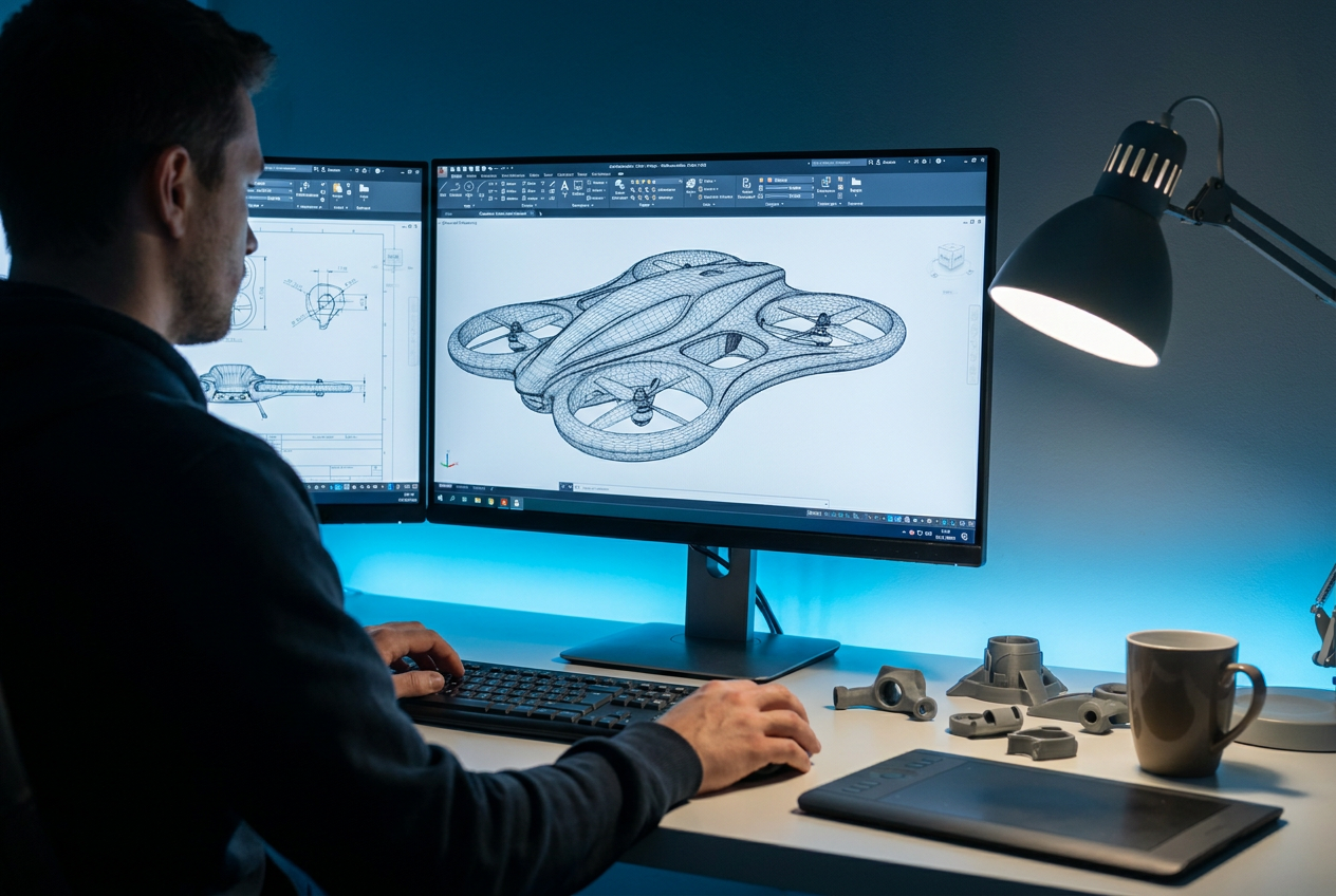 Diseñador utilizando software CAD profesional para crear la geometría aerodinámica de un chasis de dron. Diseñador utilizando software CAD profesional para crear la geometría aerodinámica de un chasis de dron.