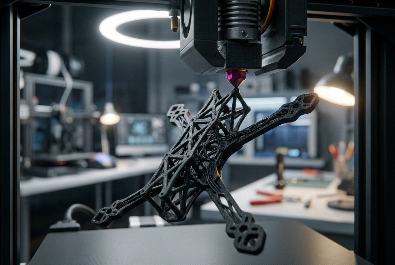 Primer plano de una boquilla de impresora 3D extruyendo un chasis de dron de carreras en filamento negro mate. Primer plano de una boquilla de impresora 3D extruyendo un chasis de dron de carreras en filamento negro mate.