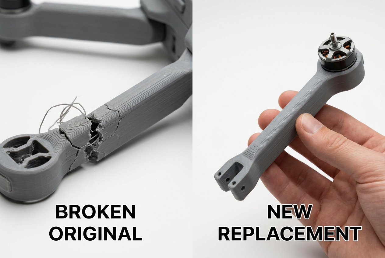 Comparativa entre un brazo de dron impreso en 3D roto y su pieza de repuesto recién impresa. Comparativa entre un brazo de dron impreso en 3D roto y su pieza de repuesto recién impresa.
