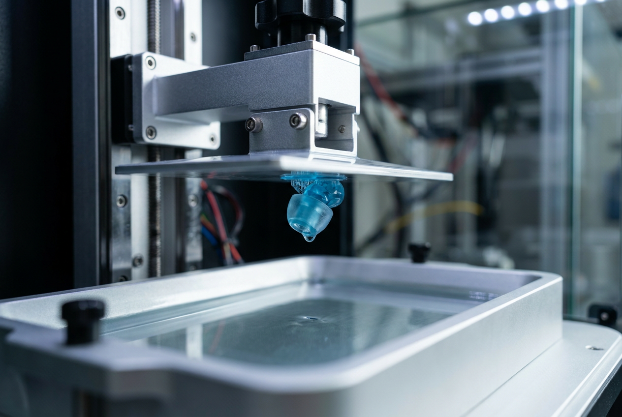 Impresora 3D de resina profesional extrayendo una pequeña pieza translúcida para auricular en un entorno técnico
