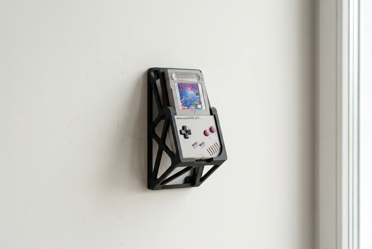 Soporte de pared impreso en 3D sosteniendo una consola portátil retro en una pared blanca minimalista.