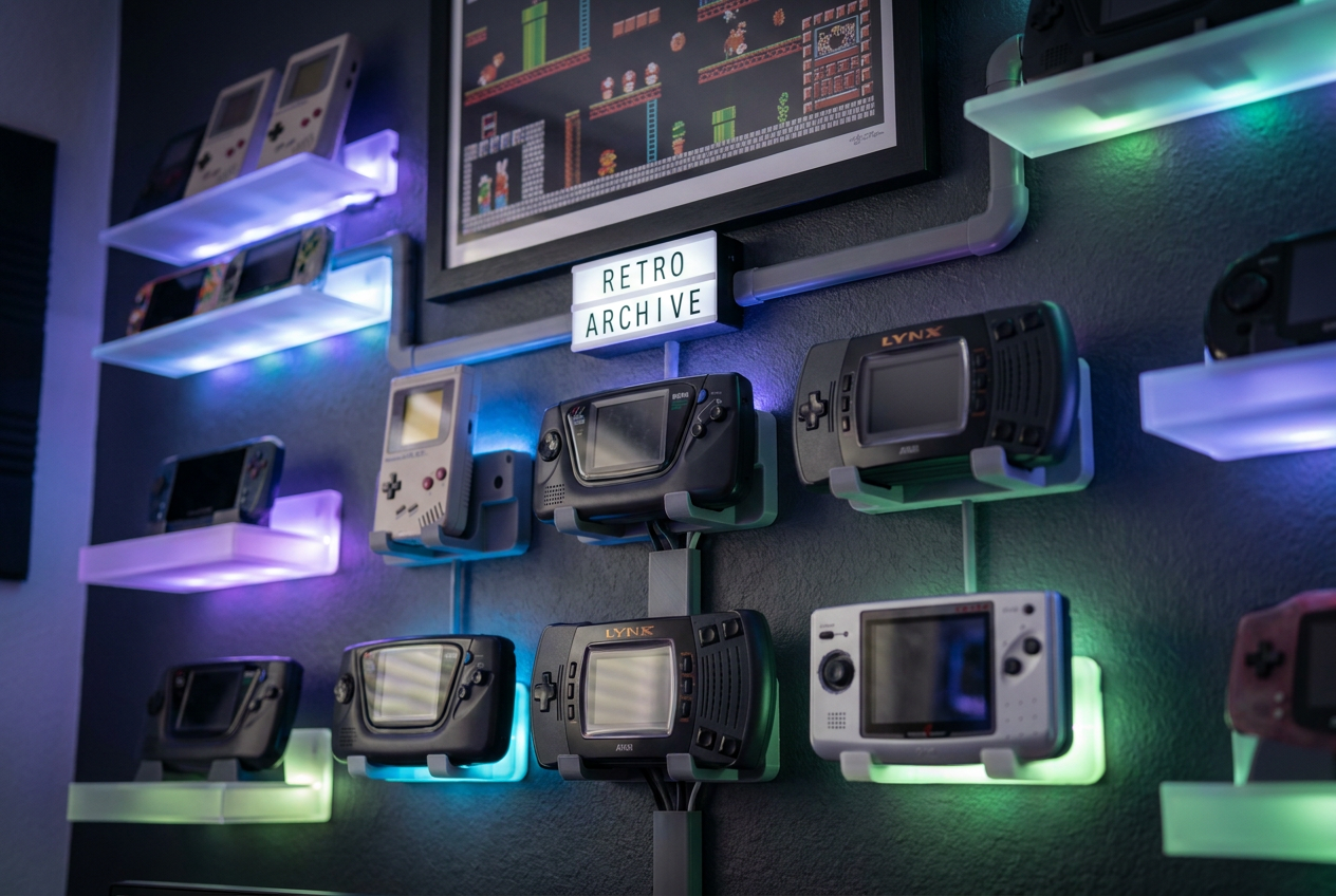 Colección de consolas retro portátiles organizadas en soportes personalizados de impresión 3D en una pared con iluminación gaming.