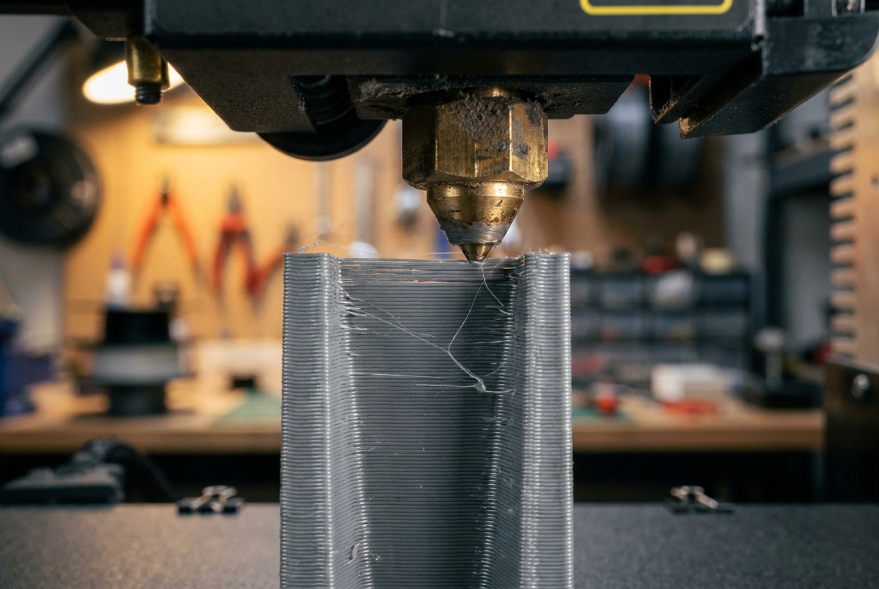 Primer plano detallado de una impresora 3D fabricando un soporte plástico para consolas.