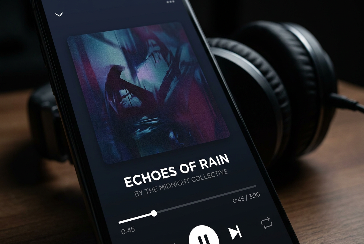 Interfaz de aplicación de música moderna en modo oscuro en un smartphone, representando la experiencia de usuario de los clientes de Navidrome.