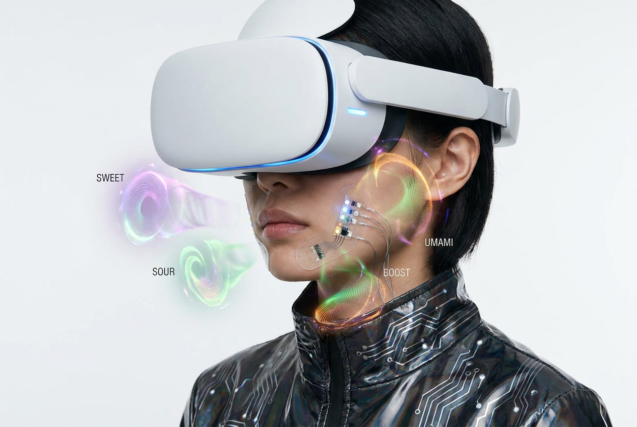 Concepto futurista de e-Taste con una persona usando realidad virtual para percibir sabores.