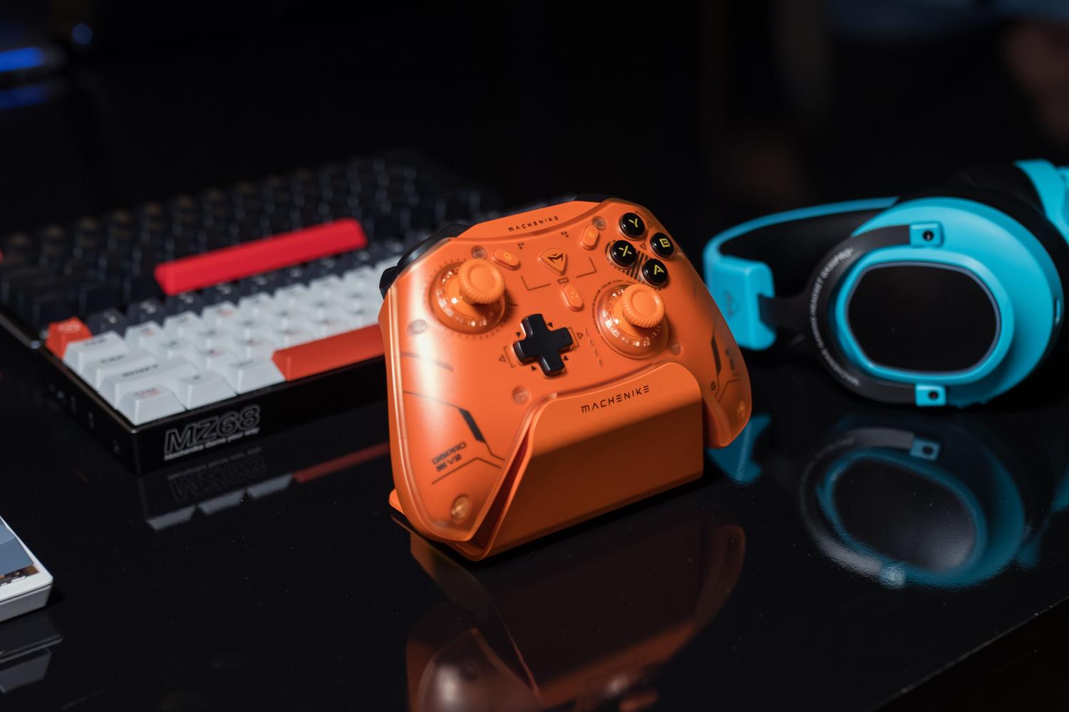 Video game controller on a gaming desk with LED lights, illustrating the controller configuration section for the emulator.