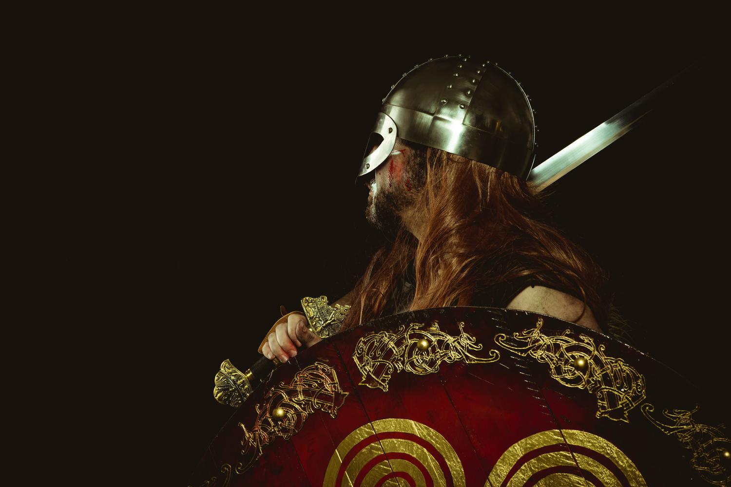 Guerrero vikingo equipado con espada y escudo para la batalla en un servidor privado