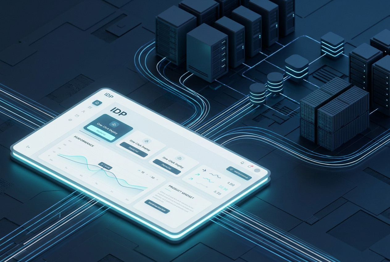 Renderizado 3D isométrico que muestra la capa de abstracción de una plataforma interna conectada a una infraestructura de nube compleja, ilustrando el concepto de Platform Engineering. Renderizado 3D isométrico que muestra la capa de abstracción de una plataforma interna conectada a una infraestructura de nube compleja, ilustrando el concepto de Platform Engineering.
