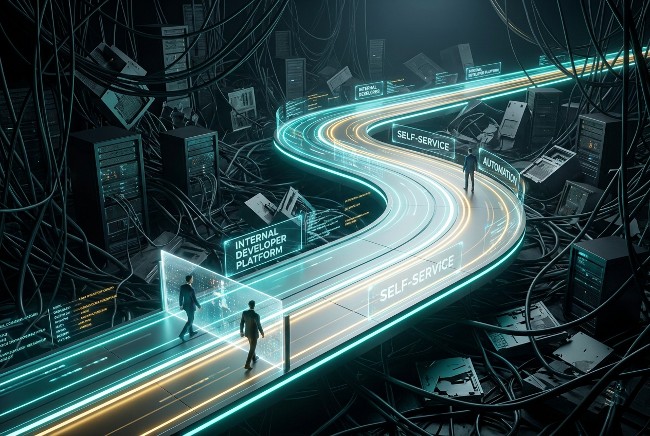 Representación artística del 'Golden Path' en Platform Engineering: una ruta iluminada y segura que atraviesa un entorno complejo de cables y servidores. Representación artística del 'Golden Path' en Platform Engineering: una ruta iluminada y segura que atraviesa un entorno complejo de cables y servidores.