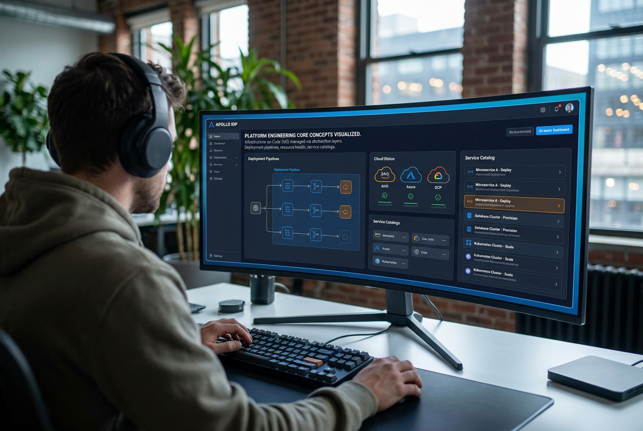 Toma profesional de un ingeniero trabajando con un dashboard de plataforma interna que organiza y abstrae el Infrastructure as Code (IaC). Toma profesional de un ingeniero trabajando con un dashboard de plataforma interna que organiza y abstrae el Infrastructure as Code (IaC).