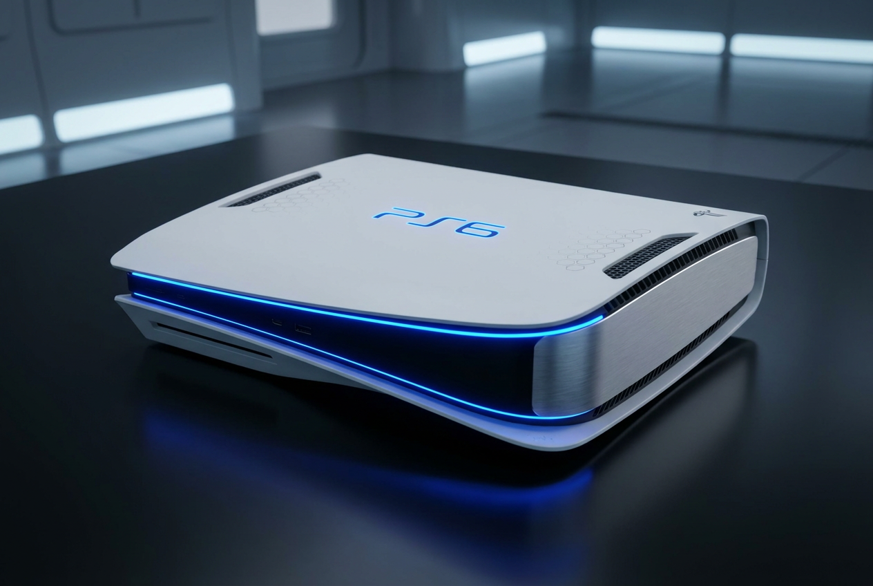 Concepto artístico de la PlayStation 6: consola blanca futurista con tira de luz azul brillante y diseño minimalista. Concepto artístico de la PlayStation 6: consola blanca futurista con tira de luz azul brillante y diseño minimalista.