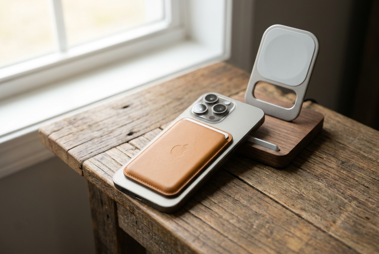 Smartphone con cartera magnética adherida en la parte trasera junto a un soporte de carga inalámbrica.