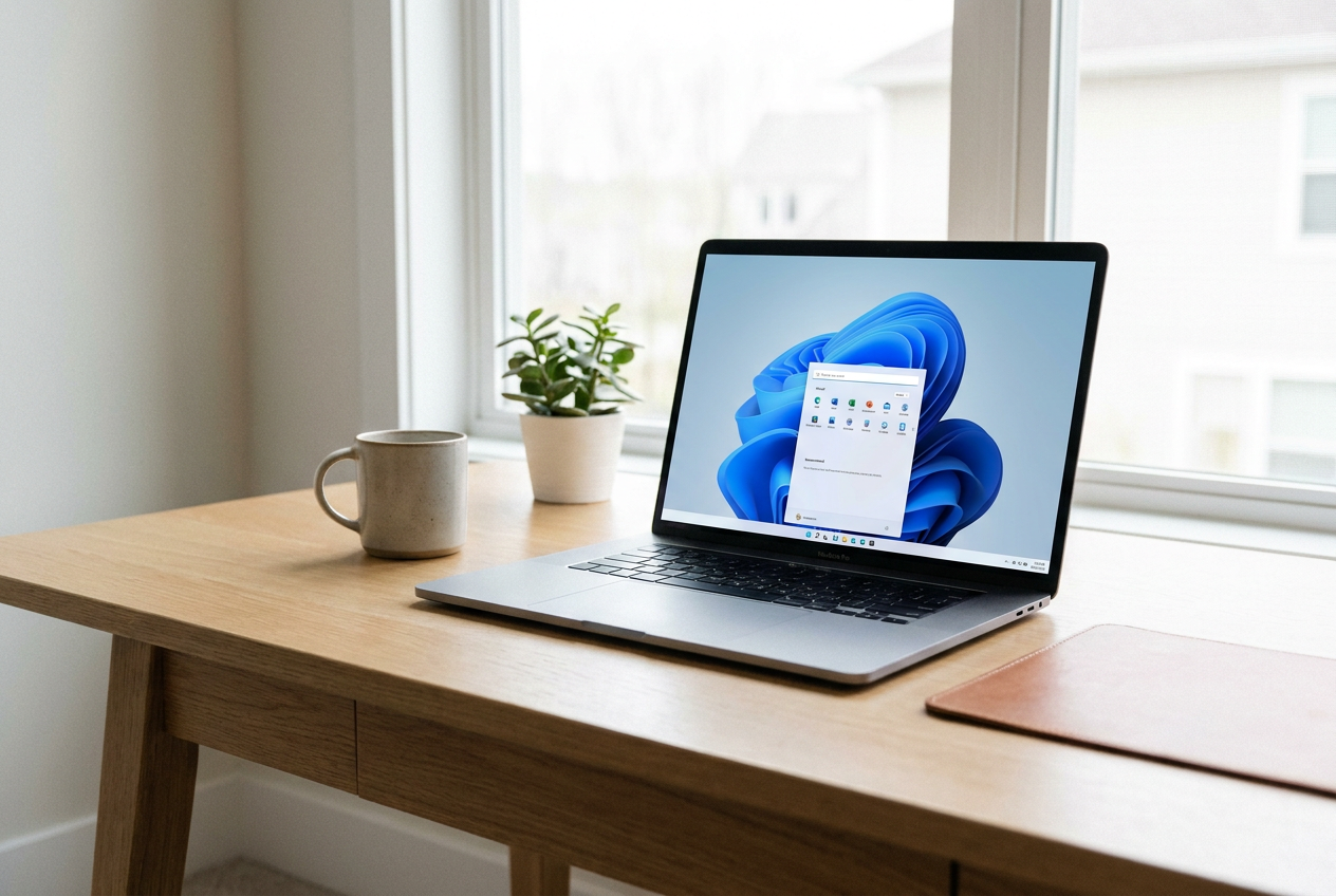 Espacio de trabajo minimalista con portátil mostrando un menú de Inicio de Windows 11 reducido y limpio.