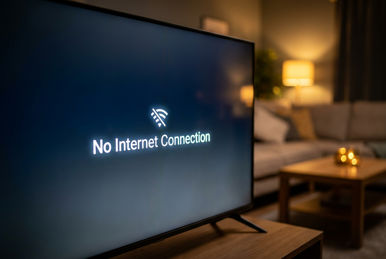 Pantalla de Smart TV mostrando un mensaje de error de falta de conexión a internet en un salón acogedor.