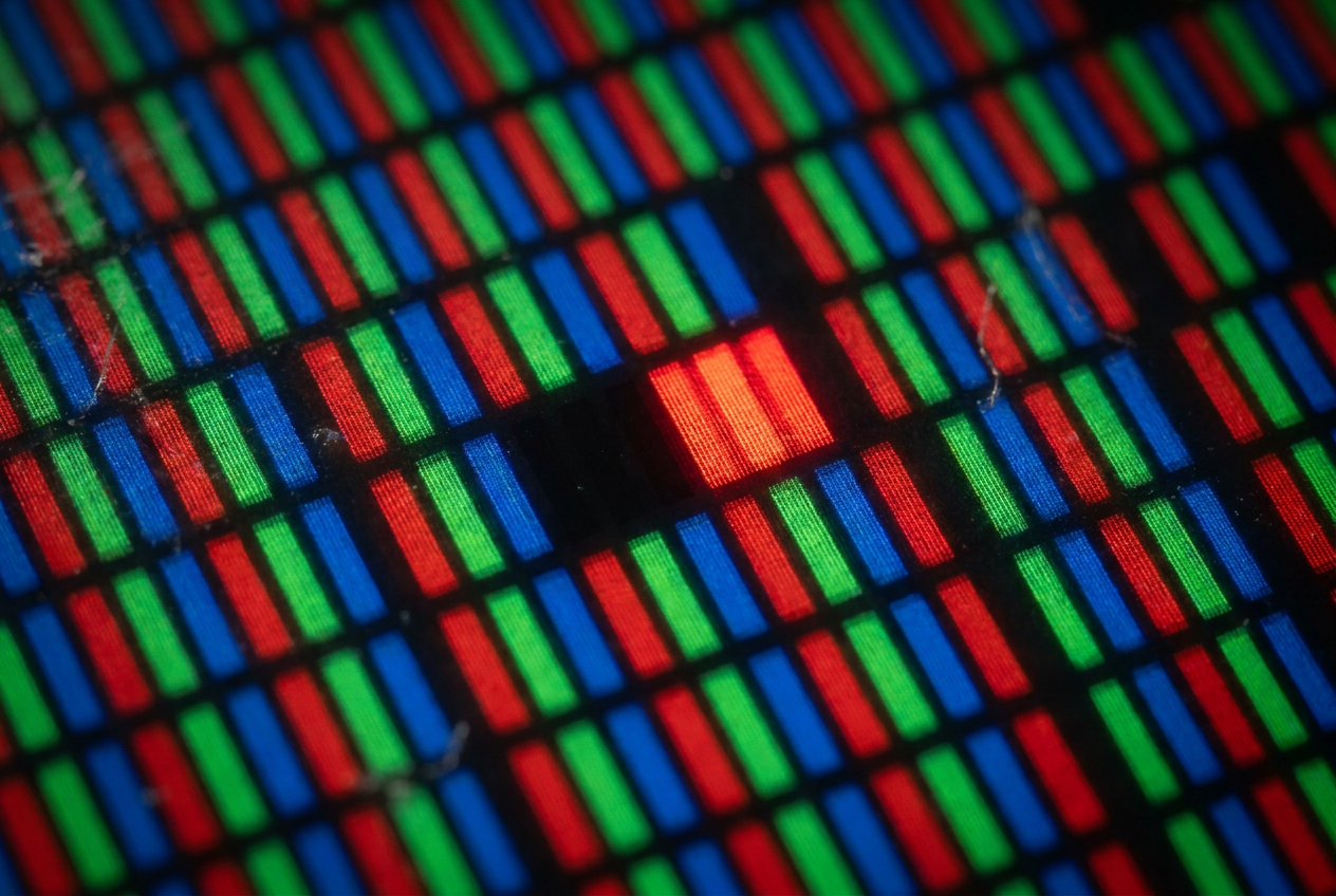 LCD-näytön RGB-alipikseleiden yksityiskohtainen makrokuva, jossa näkyy kuollut pikseli (musta) ja estetty pikseli (punainen).