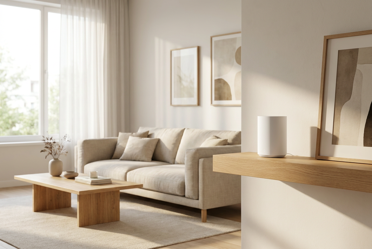 Un nœud de système Wi-Fi Mesh minimaliste et cylindrique, placé sur une étagère moderne, illustrant la technologie des réseaux maillés.