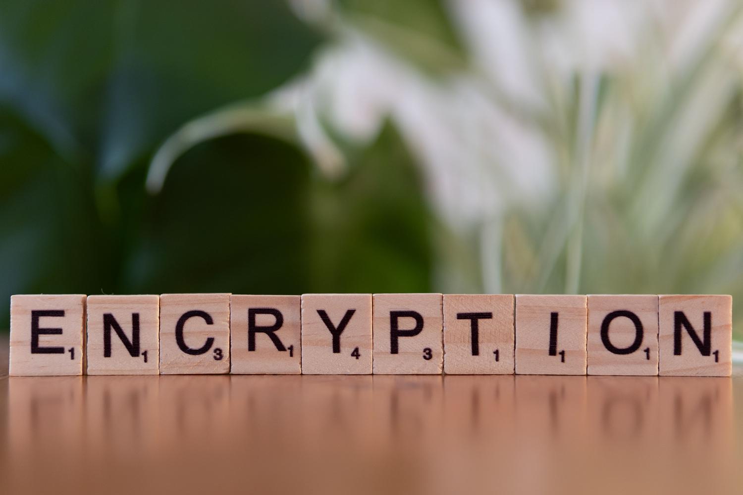 Imagen conceptual de bloques de madera formando la palabra 'Encryption', ilustrando la base tecnológica de Proton Mail.