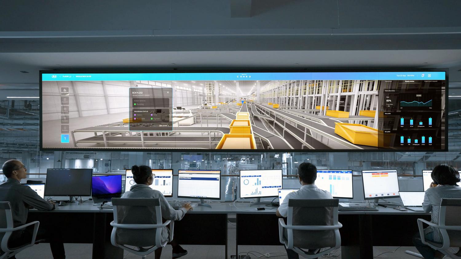 Sala de control tecnológica con dashboards Sala de control tecnológica con dashboards de analítica inteligente y visualización de datos para la toma de decisiones basada en evidencias.