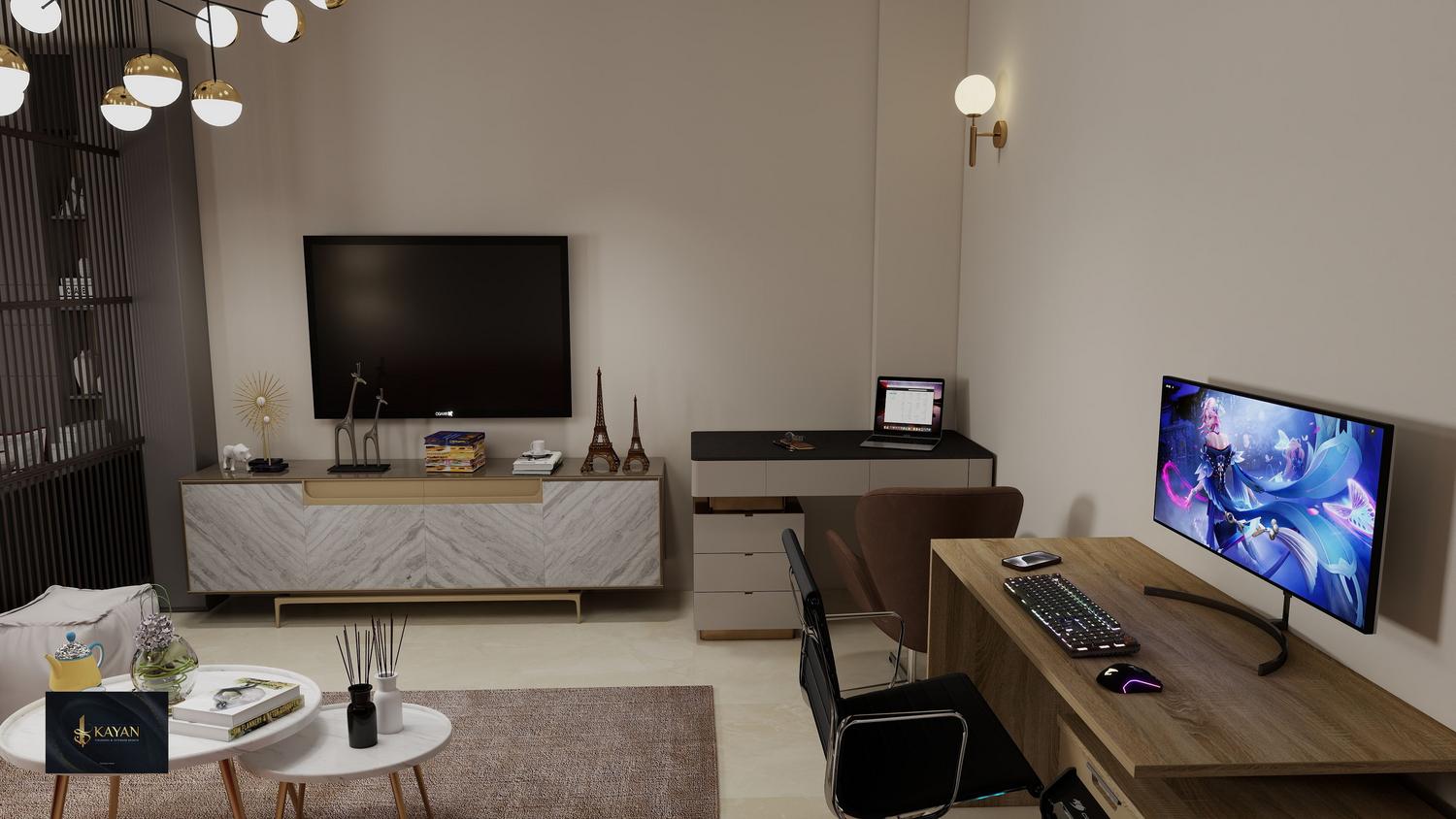 Wnętrze stylowego biura domowego z dwoma monitorami i przytulną atmosferą.