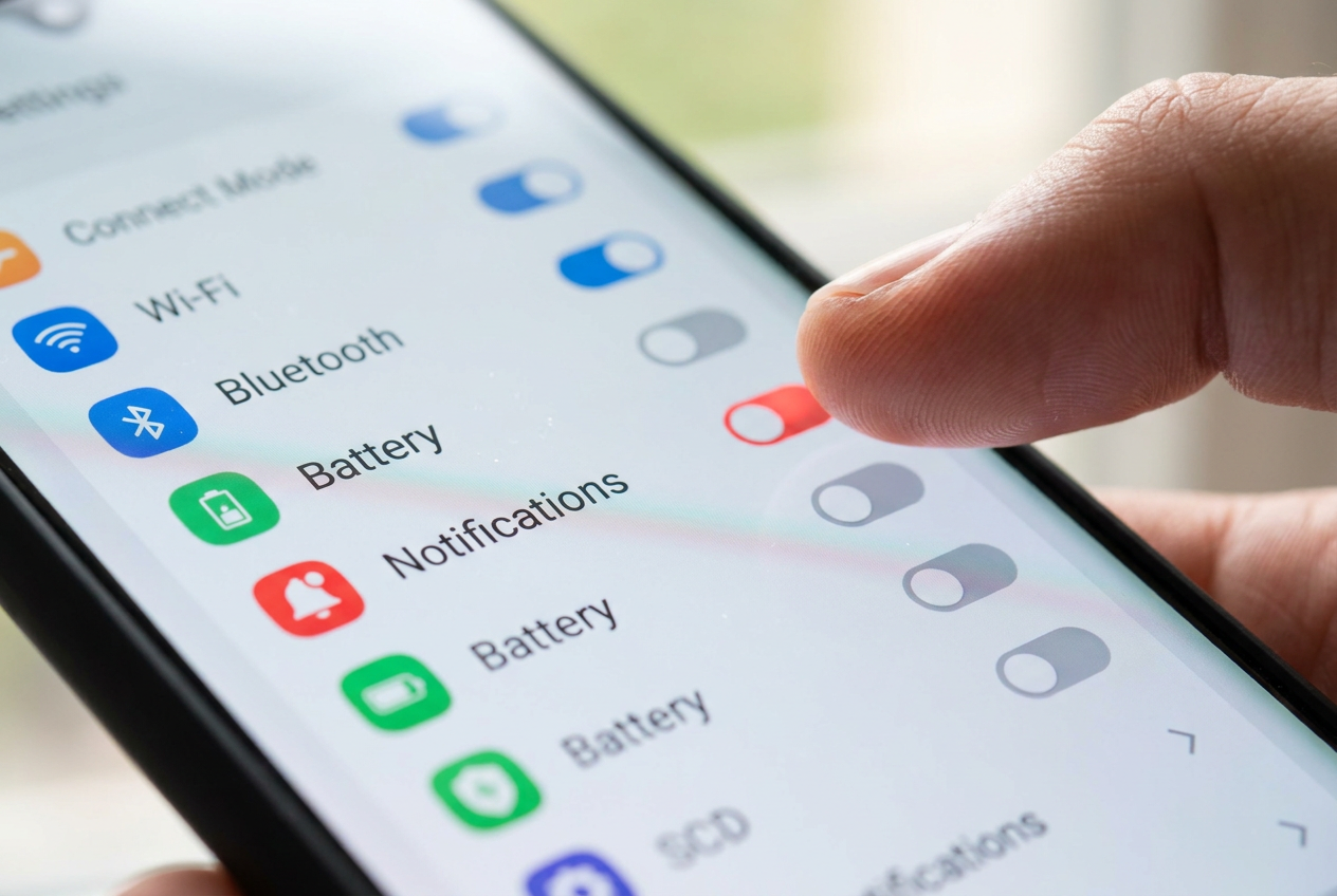 Primer plano de una pantalla de smartphone Android mostrando un menú de ajustes genérico donde un dedo desactiva el interruptor de una aplicación.