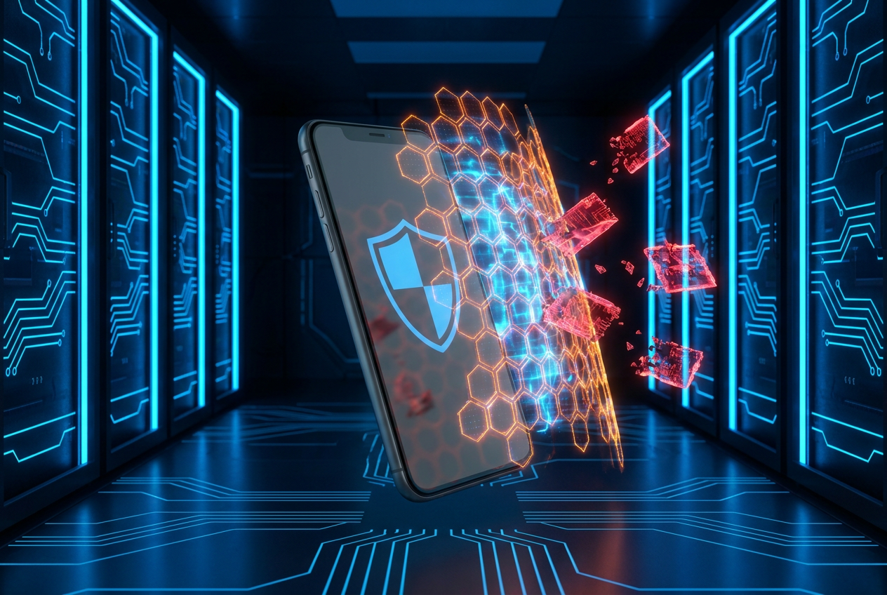 Representación conceptual de un smartphone protegido por un muro de fuego digital (firewall) que bloquea el tráfico de datos entrantes.