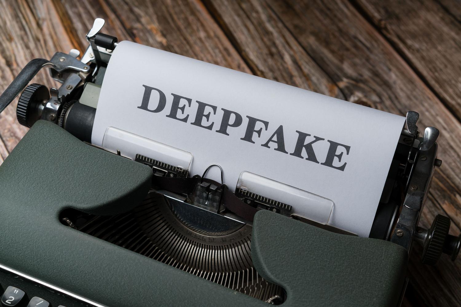 Primer plano de una máquina de escribir antigua con la palabra 'Deepfake' impresa en el papel, representando el contraste entre la información analógica y la manipulación digital.