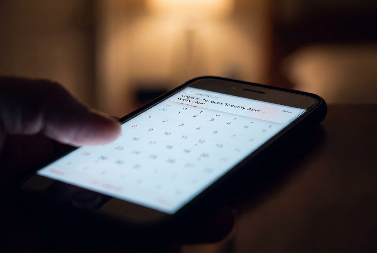Pantalla de smartphone mostrando una notificación de calendario falsa y urgente sobre seguridad de la cuenta, ejemplo típico de phishing de calendario.