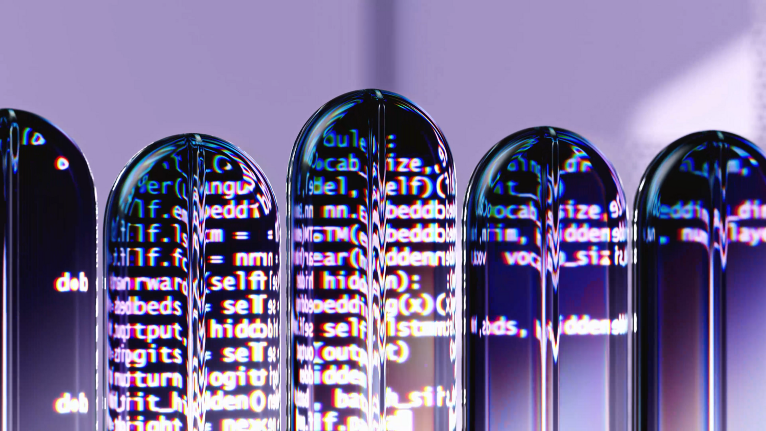 Código de programación dentro de cápsulas de cristal, metáfora visual de los archivos de modelos de IA almacenados en el disco duro.