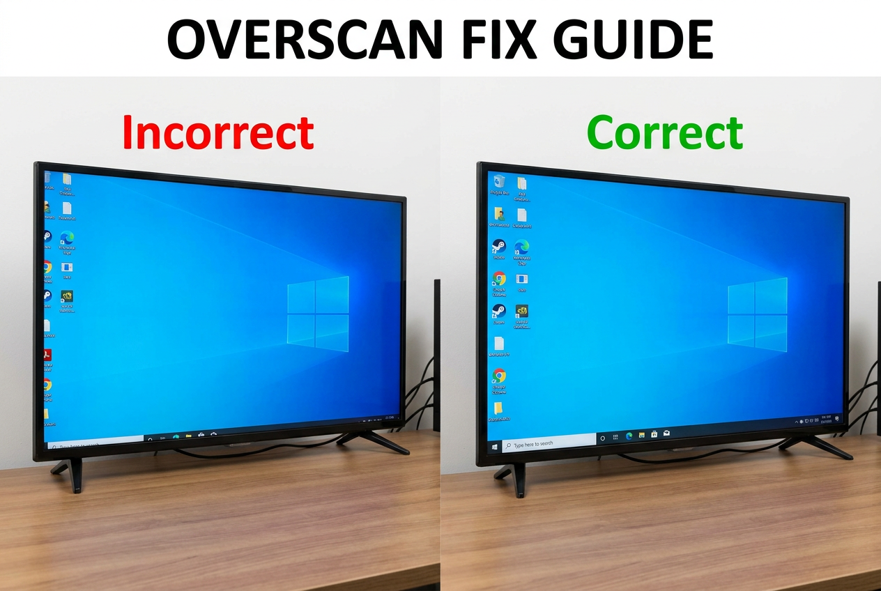Comparativa d'overscan i ajustament correcte de pantalla a TV Comparativa al costat d'un televisor connectat a un PC: a l'esquerra es mostra l'efecte d'overscan amb les vores i la barra de tasques retallades, ia la dreta la imatge correctament ajustada a la mida de la pantalla.