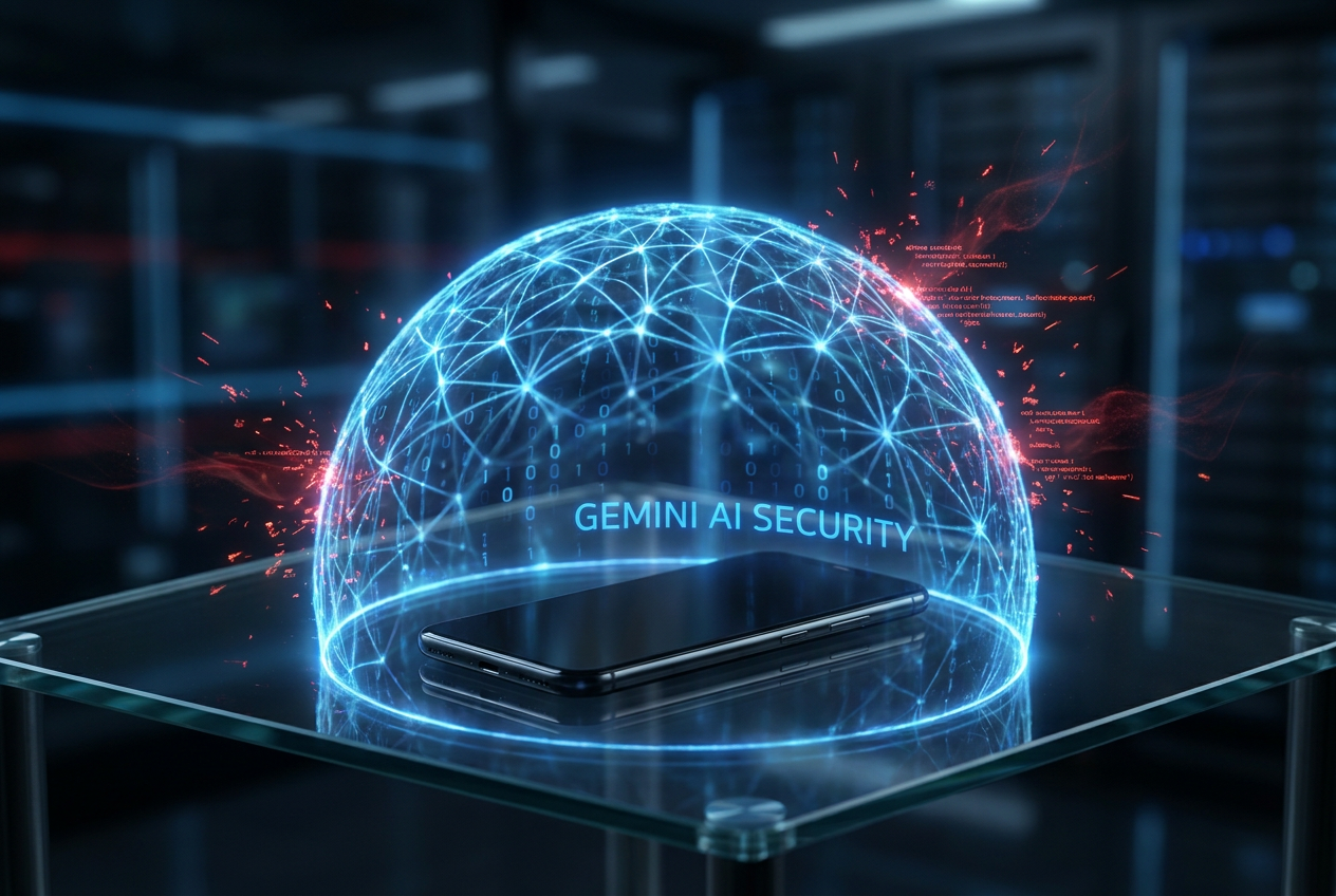 Representación conceptual de un smartphone protegido por un escudo digital holográfico azul, representando la protección de la IA de Gemini contra el malware.