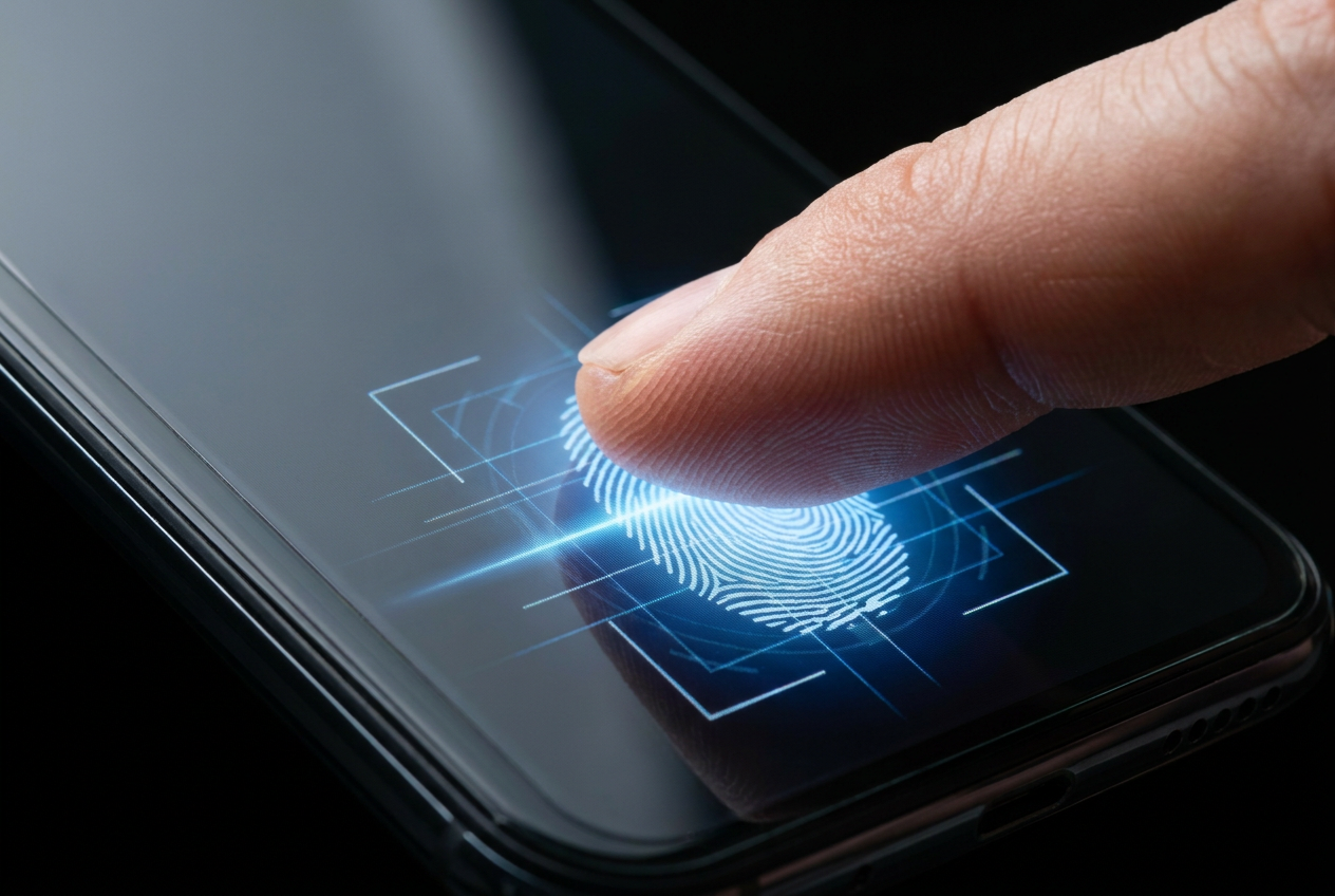 Primer plano detallado de un dedo tocando un escáner de huellas dactilares biométrico en la pantalla de un smartphone moderno con luz azul tecnológica.