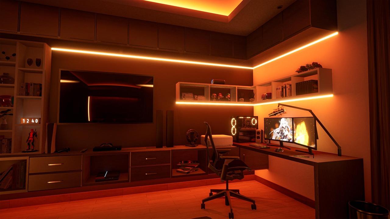 Oficina en casa futurista con iluminación LED integrada y configuración de doble pantalla, reflejando una estética visual impactante.