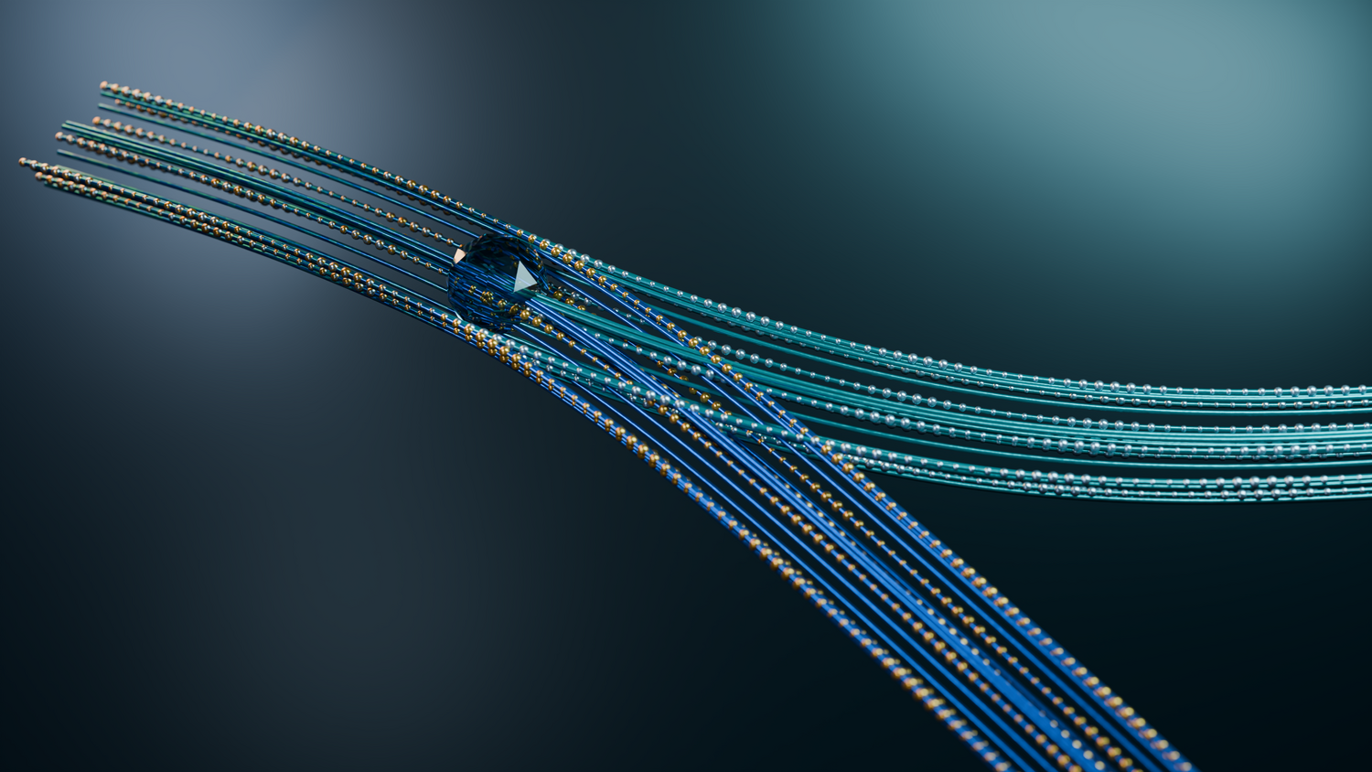 Representación abstracta en 3D de flujos de datos digitales en colores azul y dorado, simbolizando la transferencia de información. Representación abstracta en 3D de flujos de datos digitales en colores azul y dorado, simbolizando la transferencia de información.