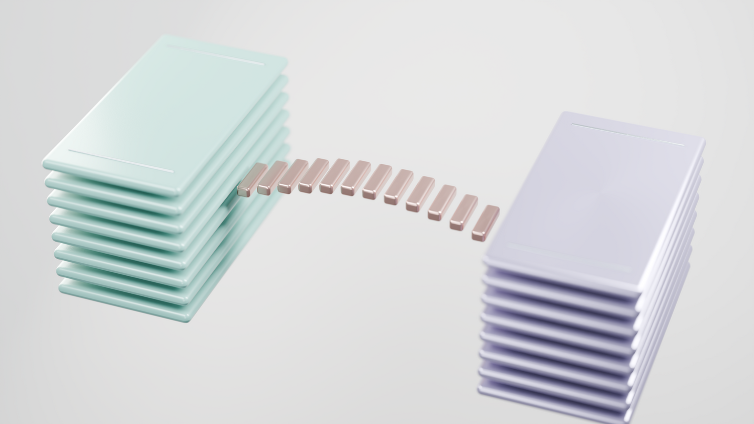 Ilustración abstracta en 3D que muestra la migración de datos digitales entre dos plataformas mediante un puente de bloques metálicos. Ilustración abstracta en 3D que muestra la migración de datos digitales entre dos plataformas mediante un puente de bloques metálicos.