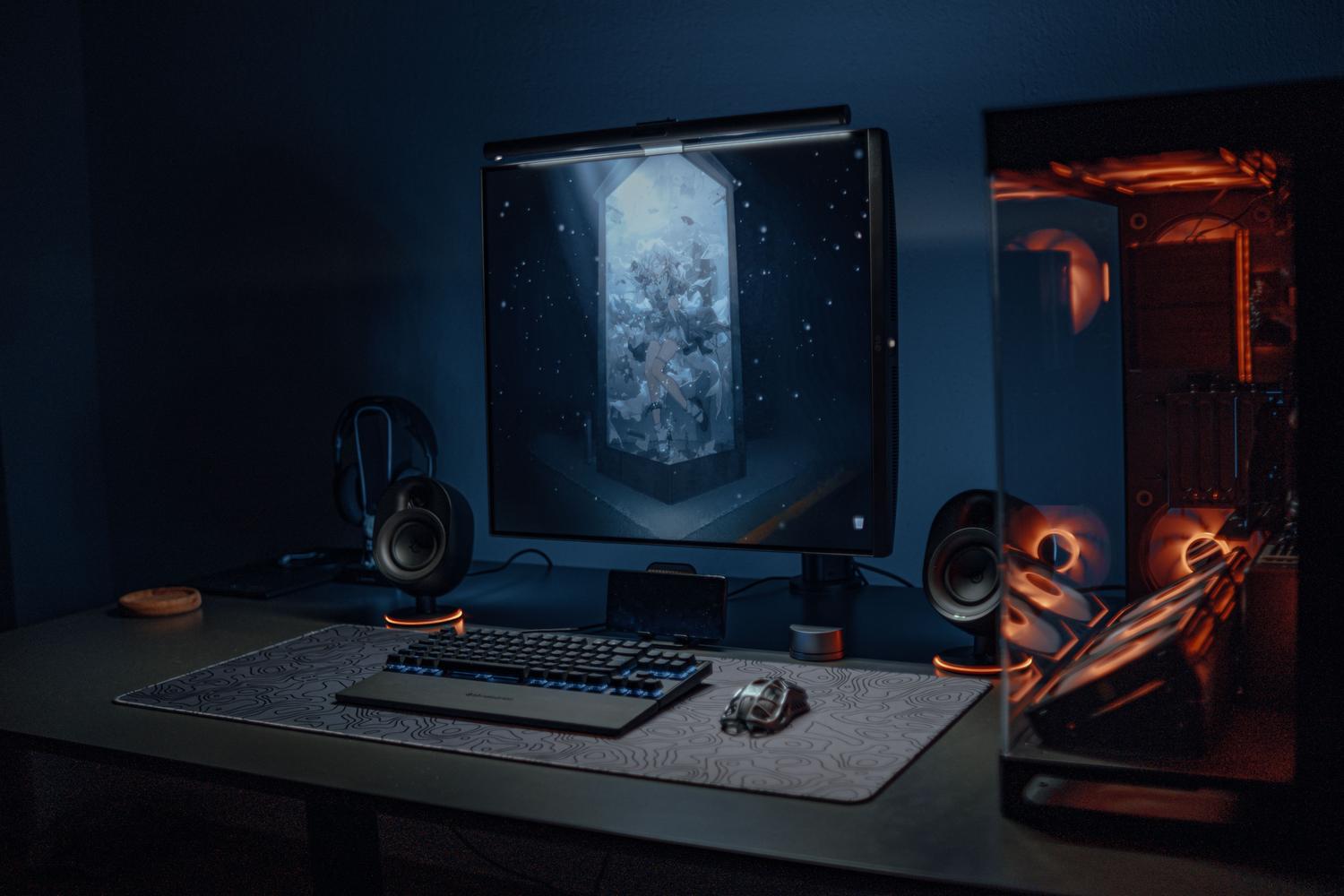 Setup ng gaming na may pasadyang RGB lighting, na naglalarawan ng mga setting at tema sa Nilesoft Shell.