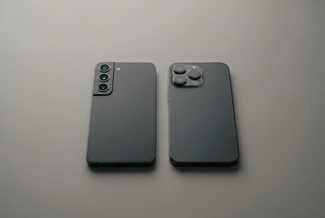 Dos smartphones modernos, uno tipo Samsung y otro tipo iPhone, situados uno al lado del otro sobre un fondo gris neutro
