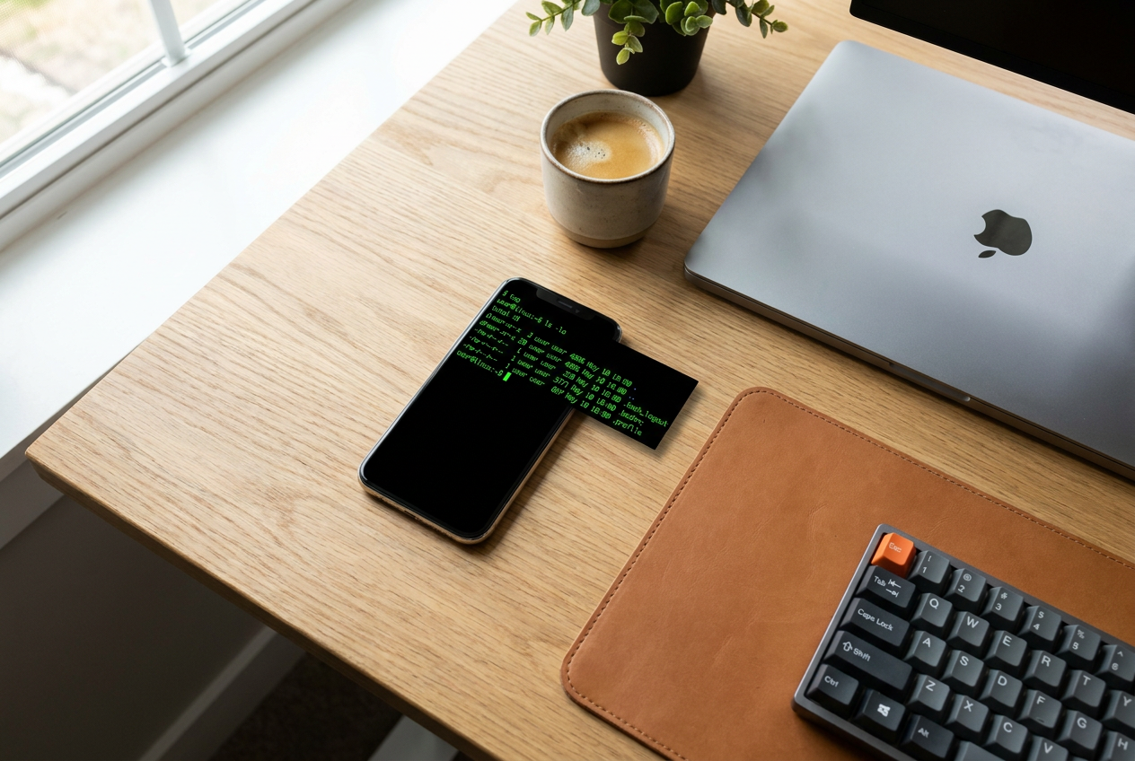 Vista cenital de un espacio de trabajo de desarrollador con un smartphone mostrando una terminal de Linux Bash sobre una mesa de madera junto a un portátil.