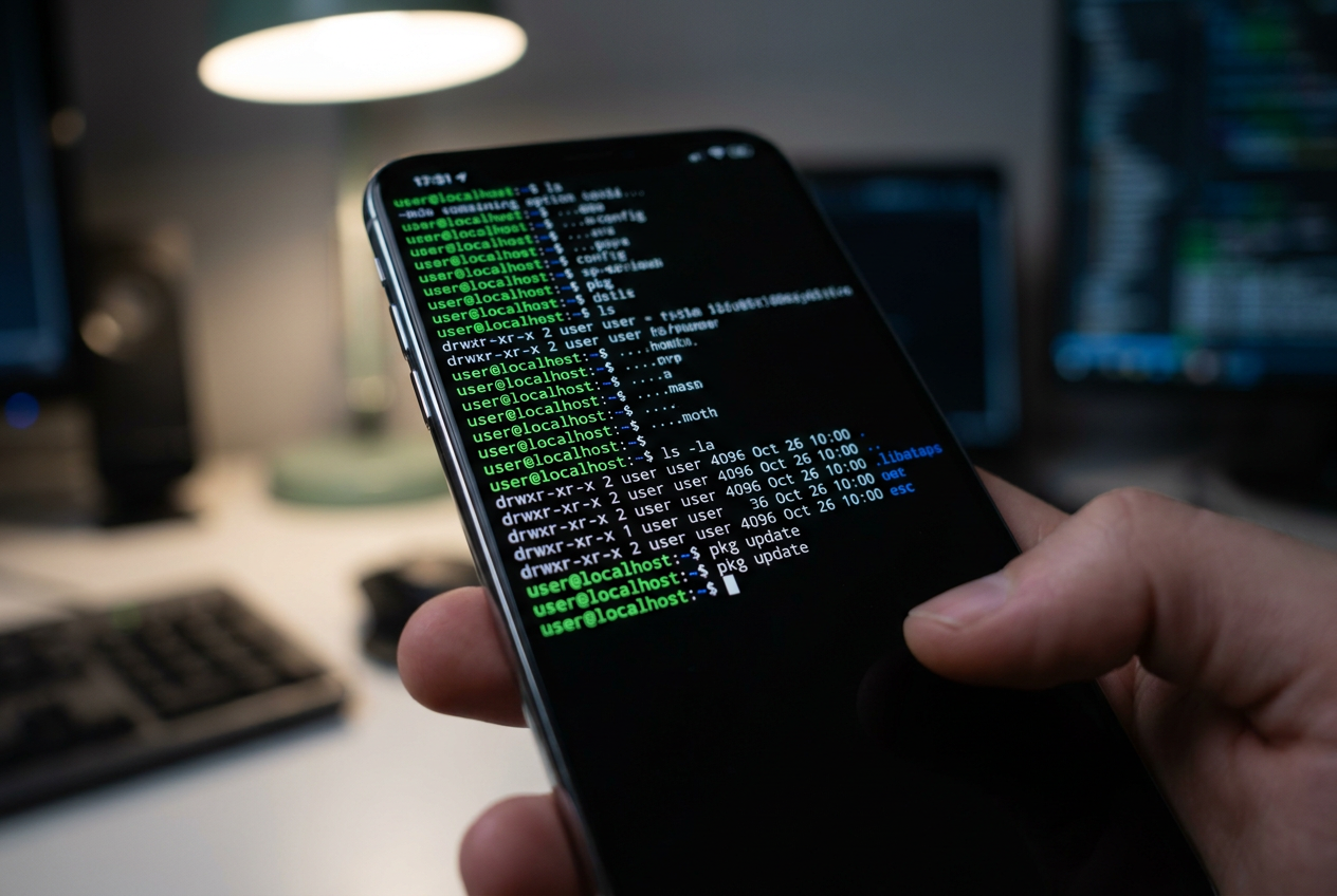 Primer plano de la pantalla de un smartphone Android ejecutando una terminal de Linux (Termux) con comandos de consola en blanco y verde sobre fondo negro.