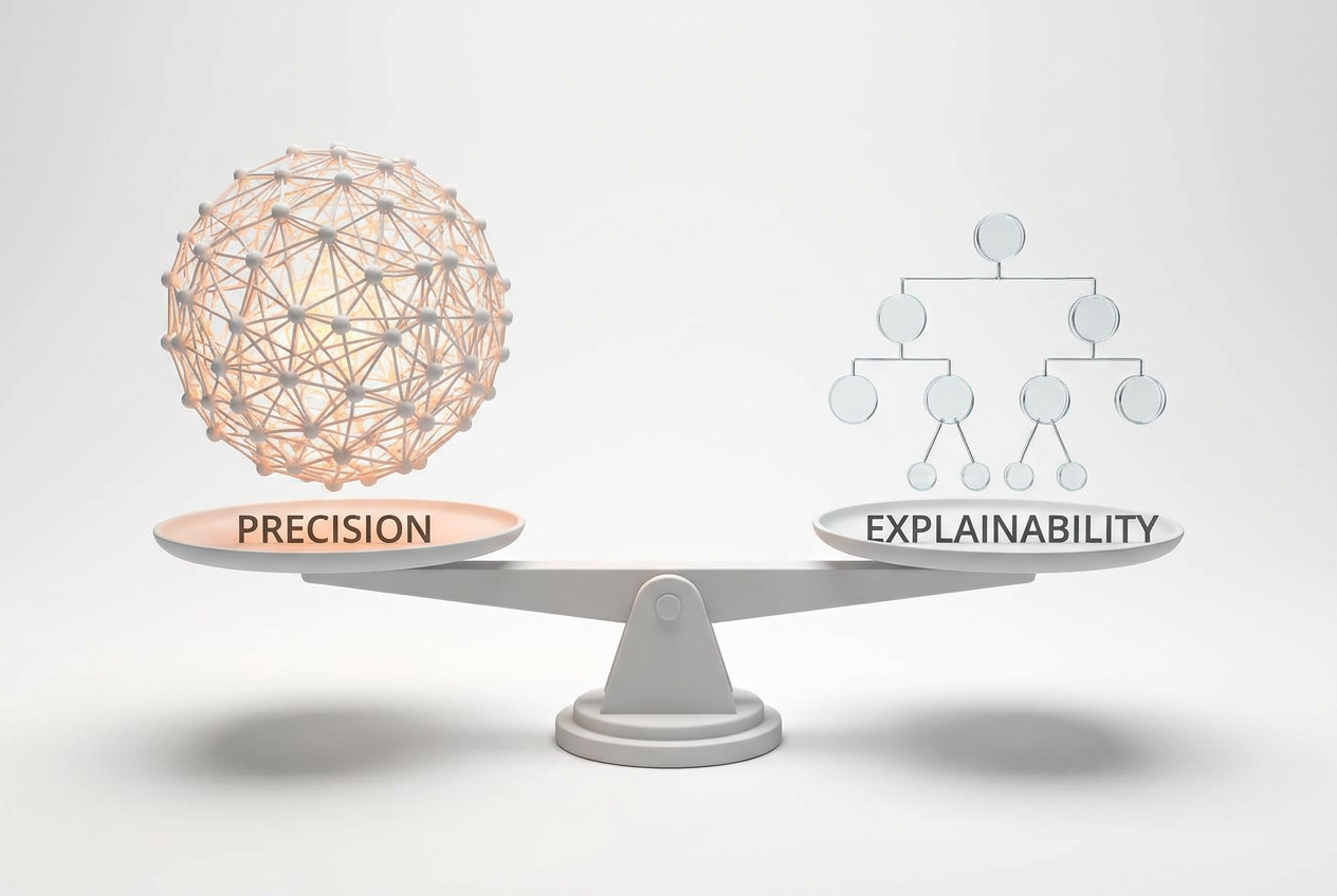 Balanza conceptual comparando la precisión de una red neuronal opaca frente a la explicabilidad de un árbol de decisión transparente.