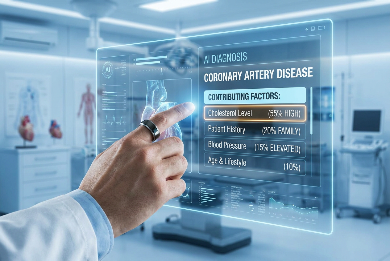 Interfaz médica holográfica mostrando la explicabilidad de un diagnóstico de IA con factores detallados.