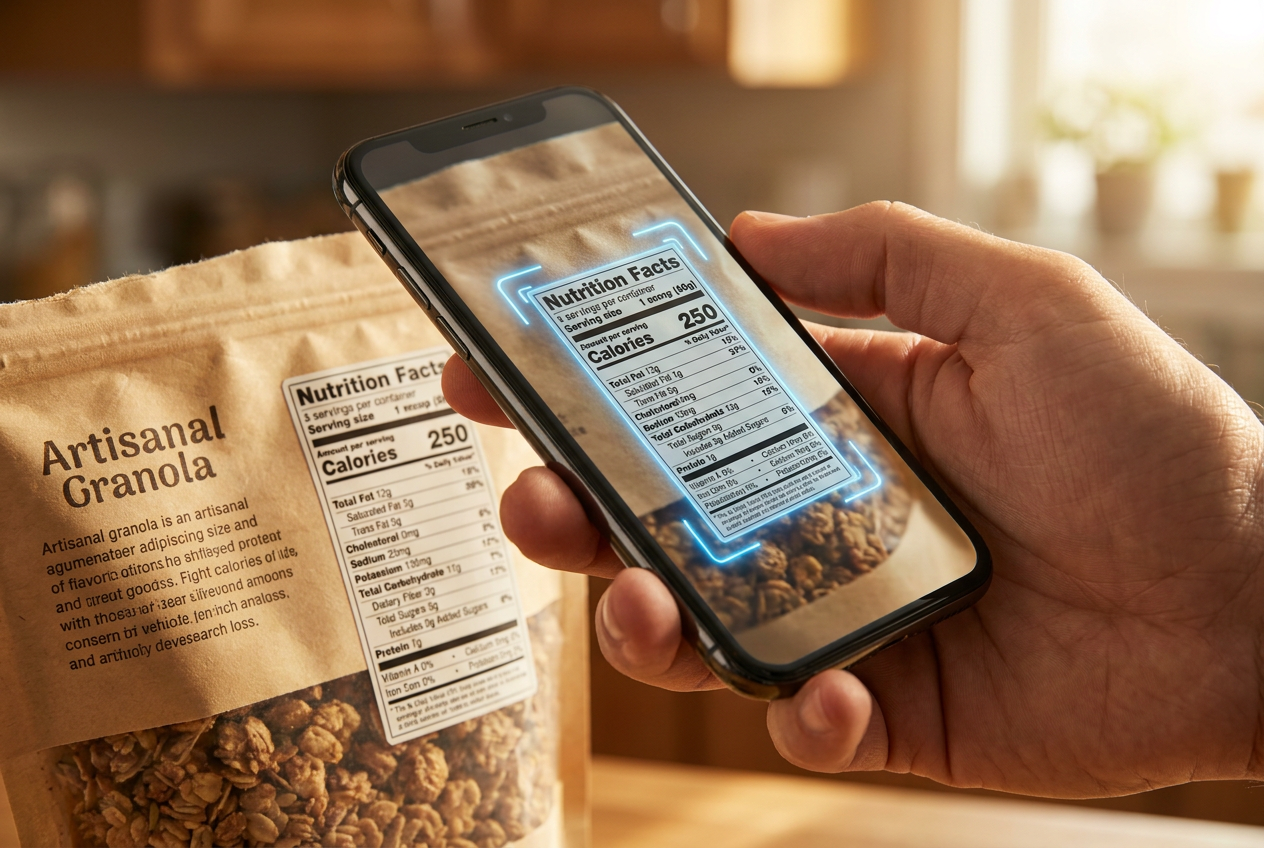 Primer plano de un smartphone escaneando y magnificando el texto pequeño de una etiqueta nutricional de un producto.