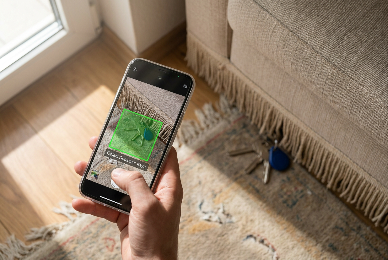 Smartphone detectando un objeto perdido (llaves) bajo un sofá mediante un recuadro digital de reconocimiento visual.