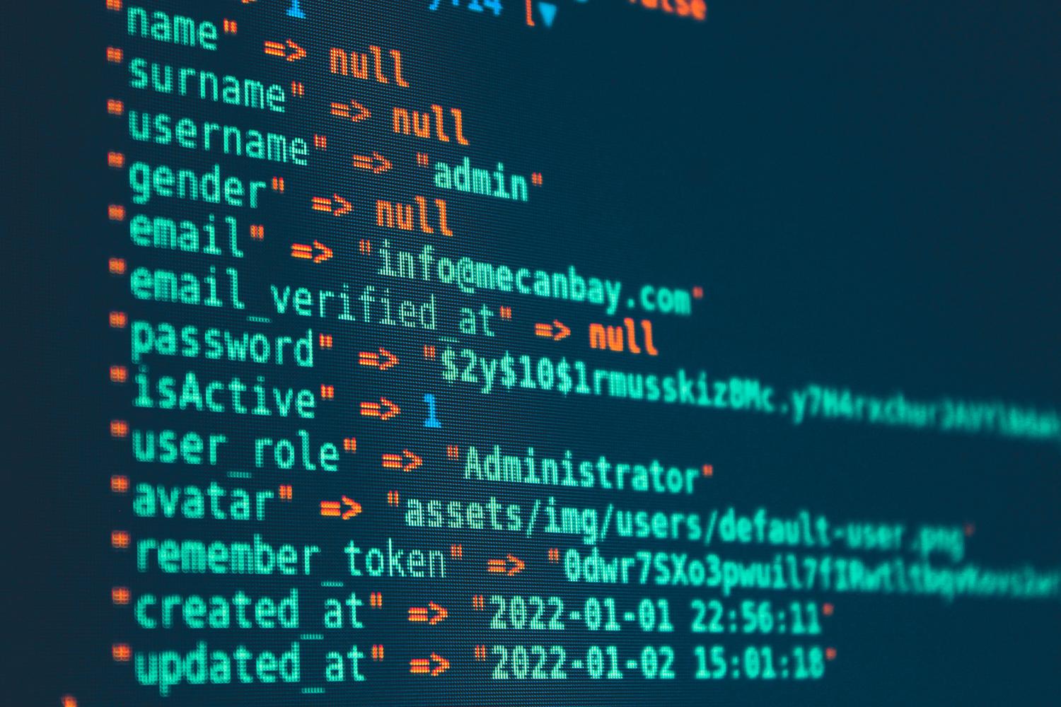 Primer plano de un entorno de programación profesional mostrando la salida de una consulta de base de datos con campos estructurados.