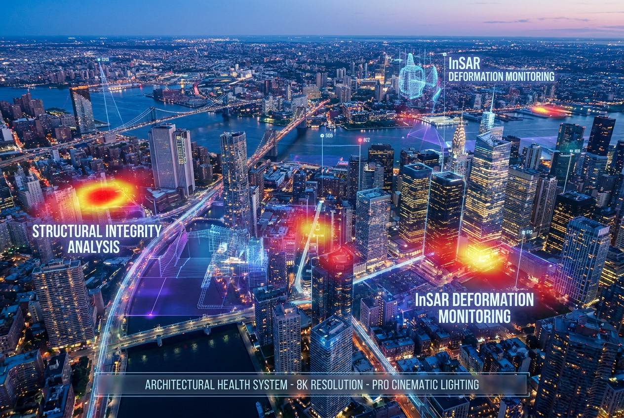 Vista satelital de una ciudad con una superposición digital de mapas de calor que indican deformaciones estructurales en puentes y edificios, ilustrando la tecnología InSAR.