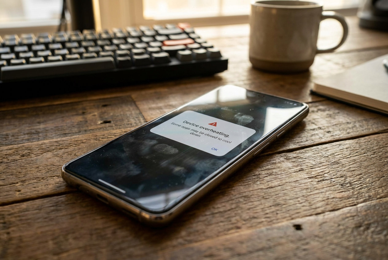 Aşırı ısınma uyarısı veren akıllı telefon Cihazın aşırı ısındığını gösteren sistem uyarısı veren akıllı telefon.