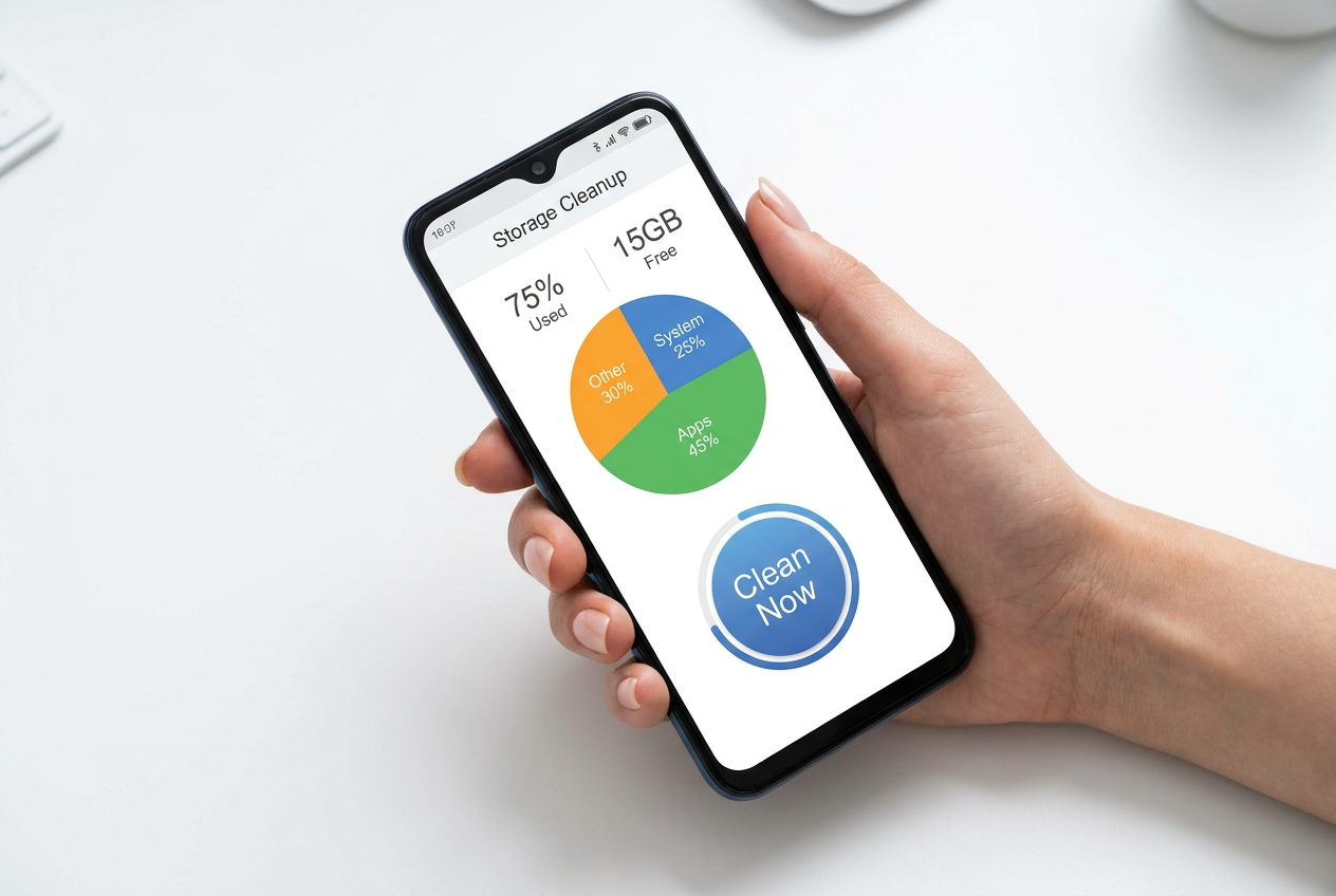 Android depolama temizleme uygulaması Akıllı telefonda, depolama alanını temizleme uygulaması ve optimizasyon düğmesi gösteriliyor.