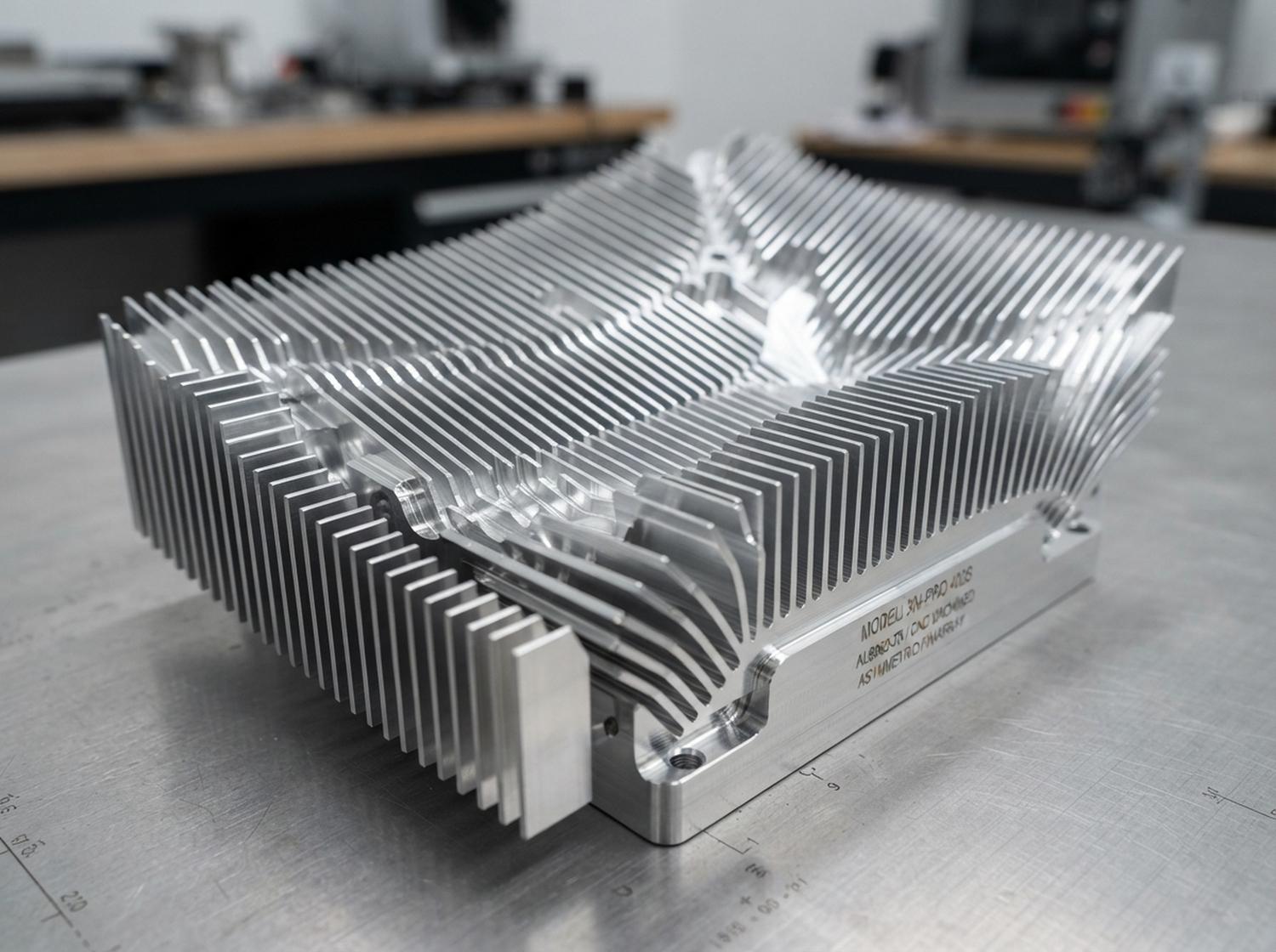 Detail van een CNC-gefreesde aluminium koelplaat, die de precisie van de microkanalen illustreert.