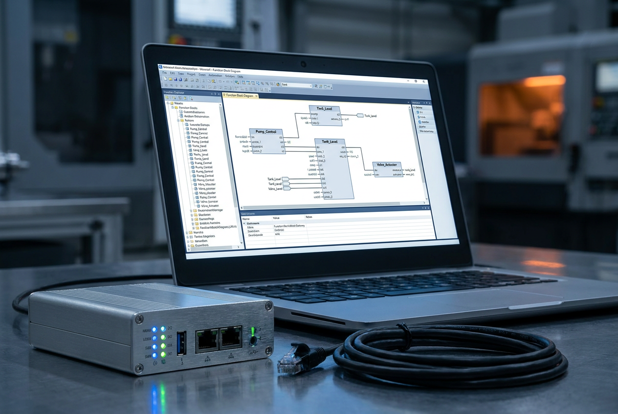 Detalle de pantalla de portátil mostrando la programación de un sistema de control industrial en CODESYS con un dispositivo Edge Gateway en primer plano.